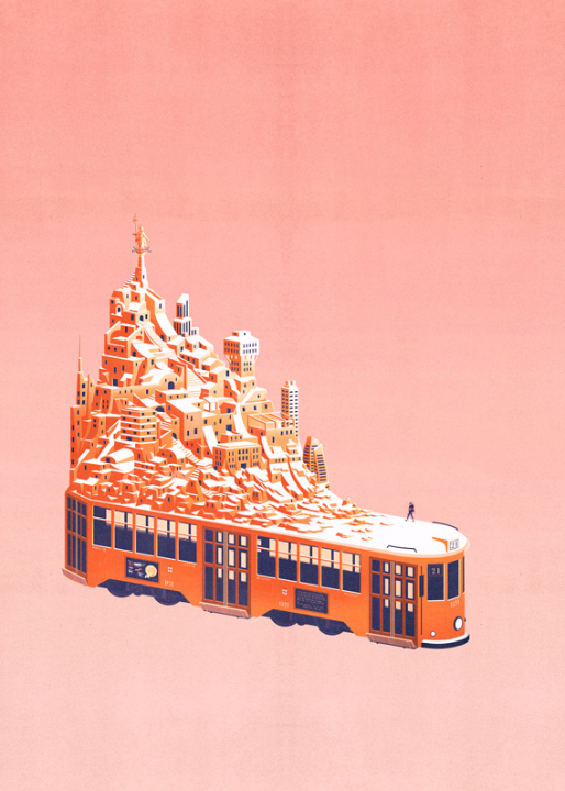 a city on the roof of a tram