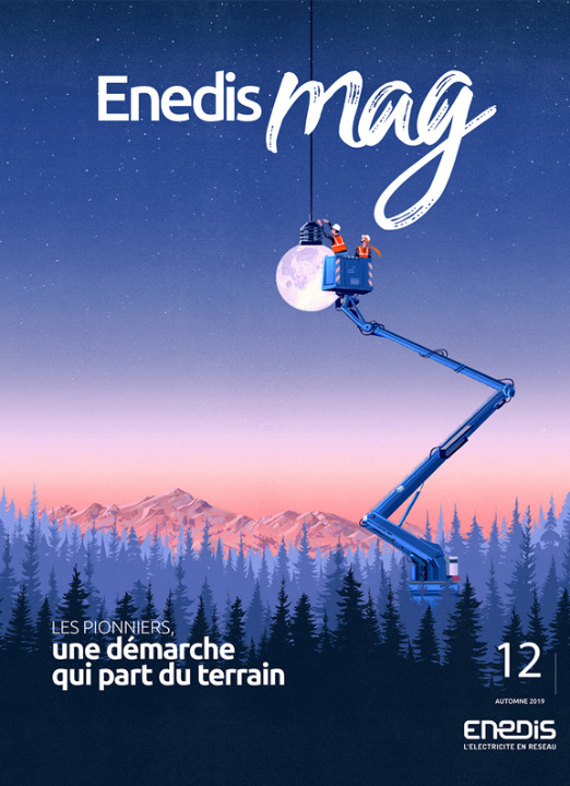 two workers on a crane in a landscape with trees and mountains installing a bulb that looks like the moon