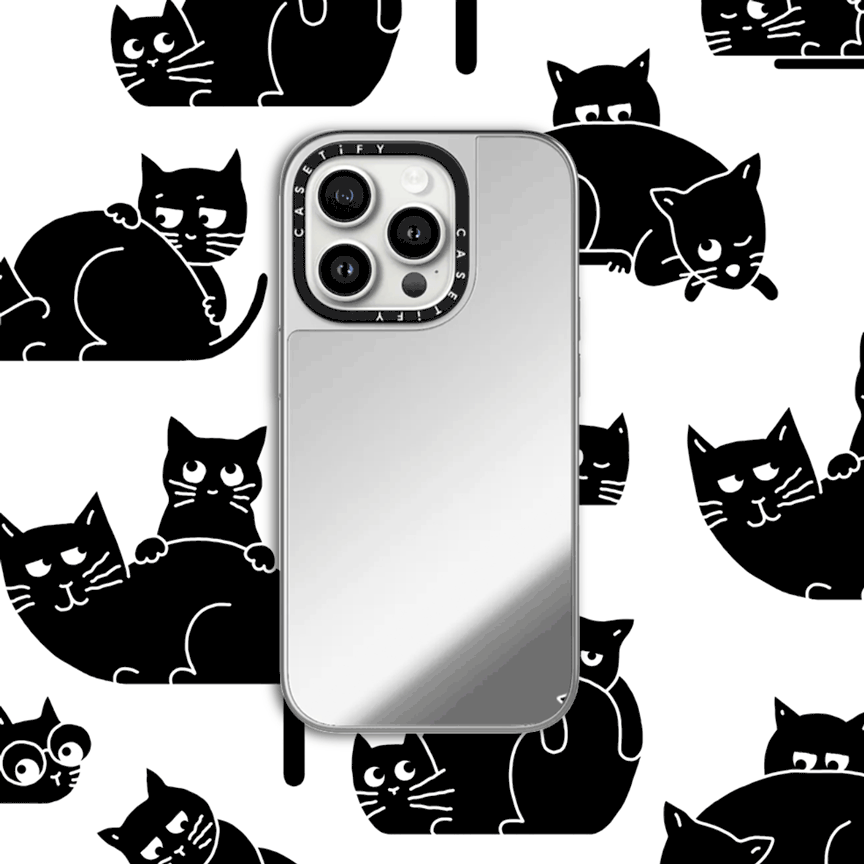 cat on a smartphone with a drawn pattern of cats in background 