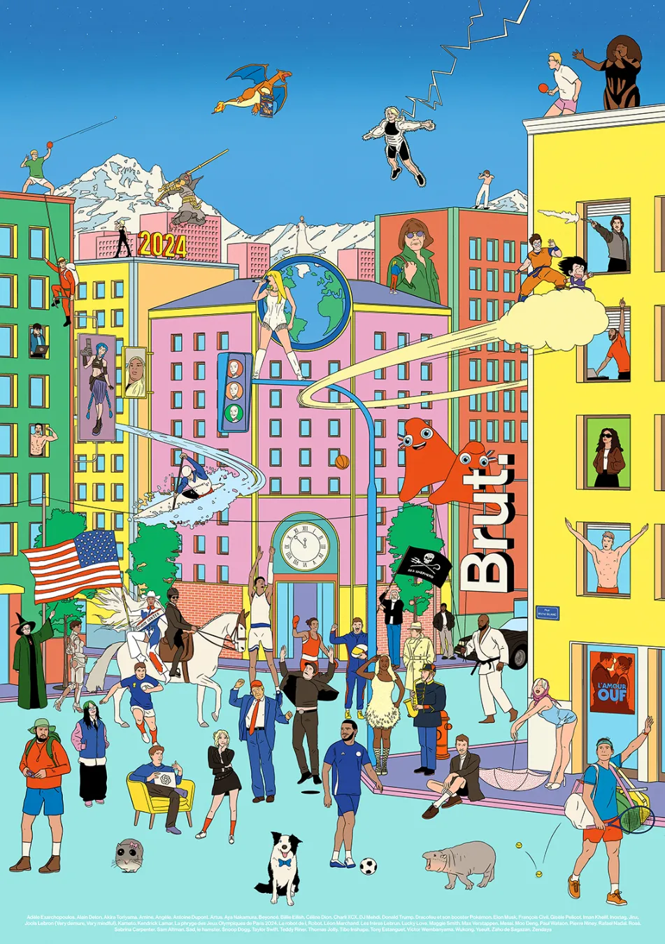 50 personalities like taylor swift, elon musk, leon marchant, donald trump in the city surrounded by snowy mountains