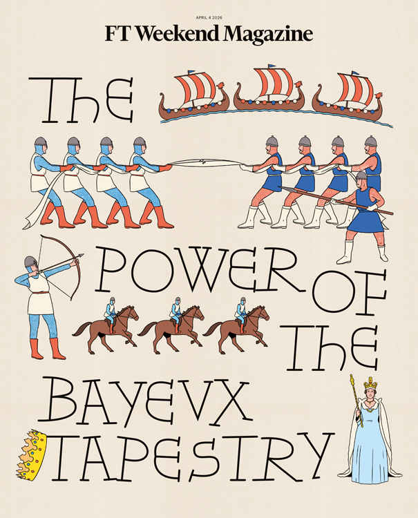 Magazine cover with the queen and knights pulling on a cloth 