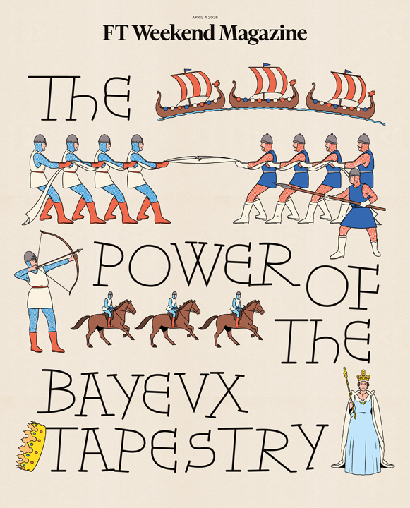 Magazine cover with the queen and knights pulling on a cloth 