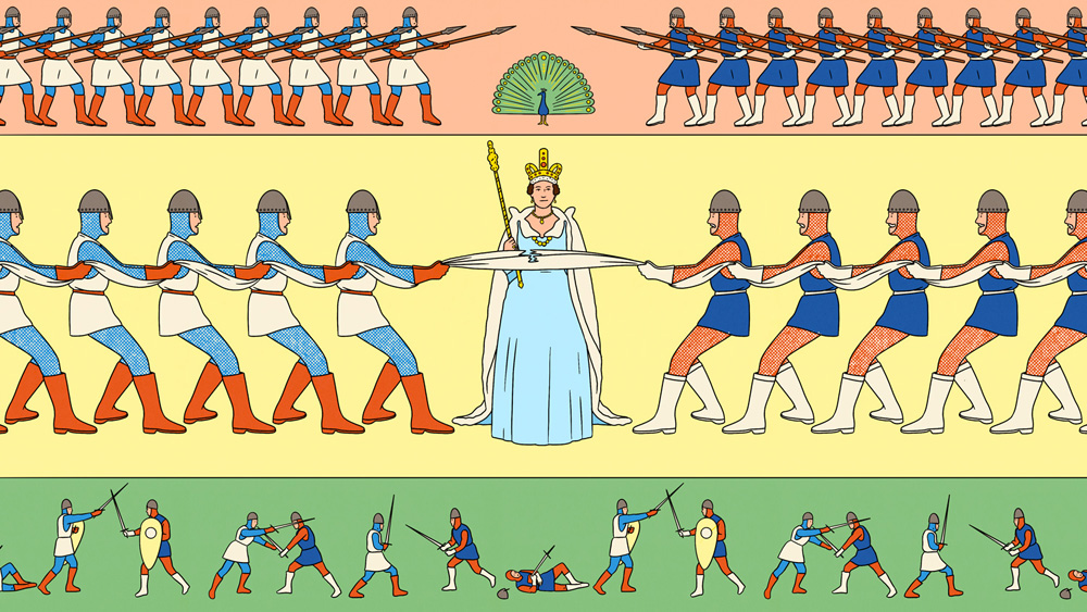 the queen in the middle with fighting knights around 