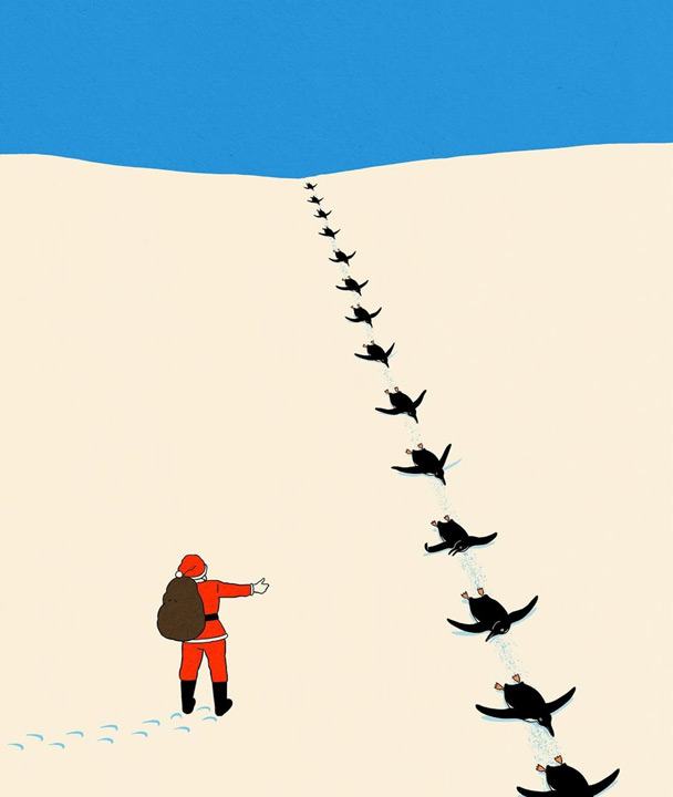 Santa Claus thumbing a ride from penguins