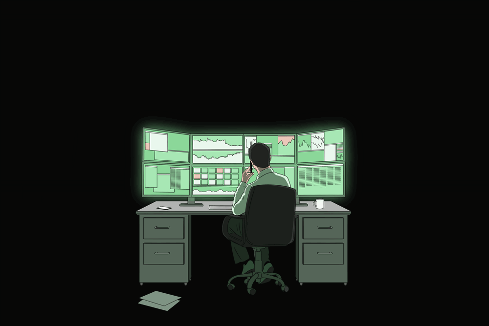 broker in front of huge displays with charts