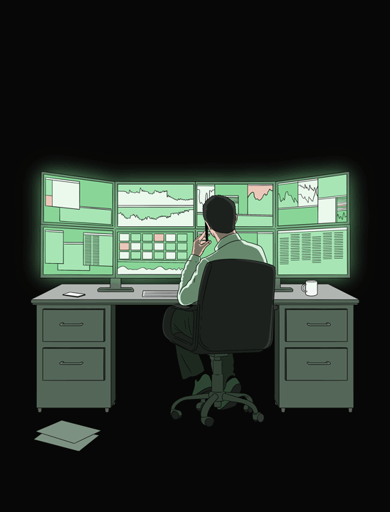 broker in front of huge displays with charts