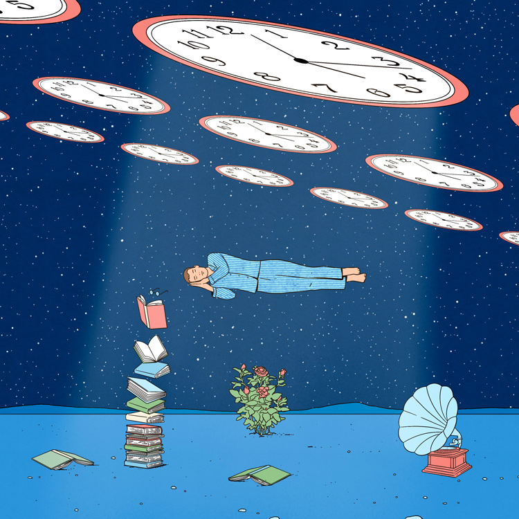sleeping man with clocks and books around