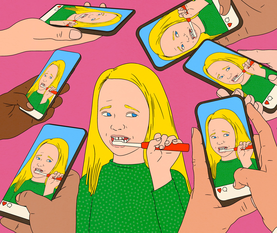 A girl brushing her teeth, a scene captured by many smartphones