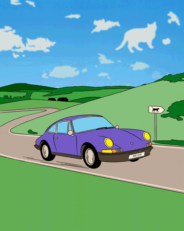 animation of porsche driving on country road