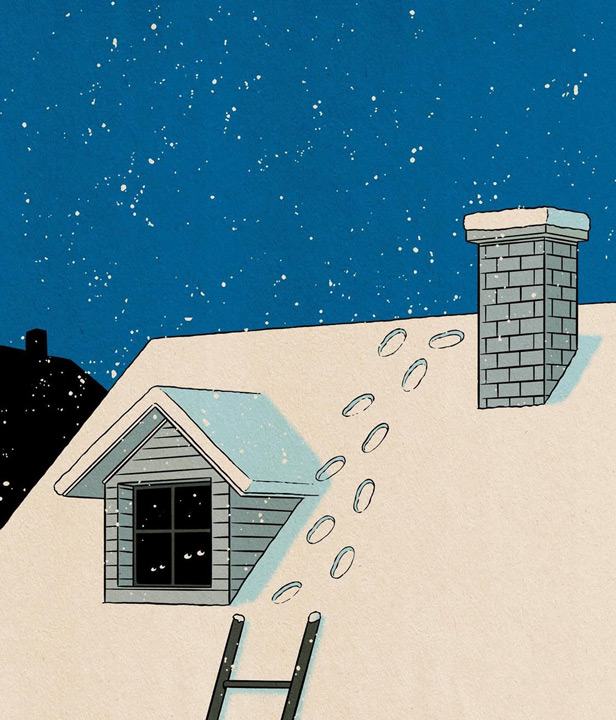Santa’s footprints in the snow on the roof at night