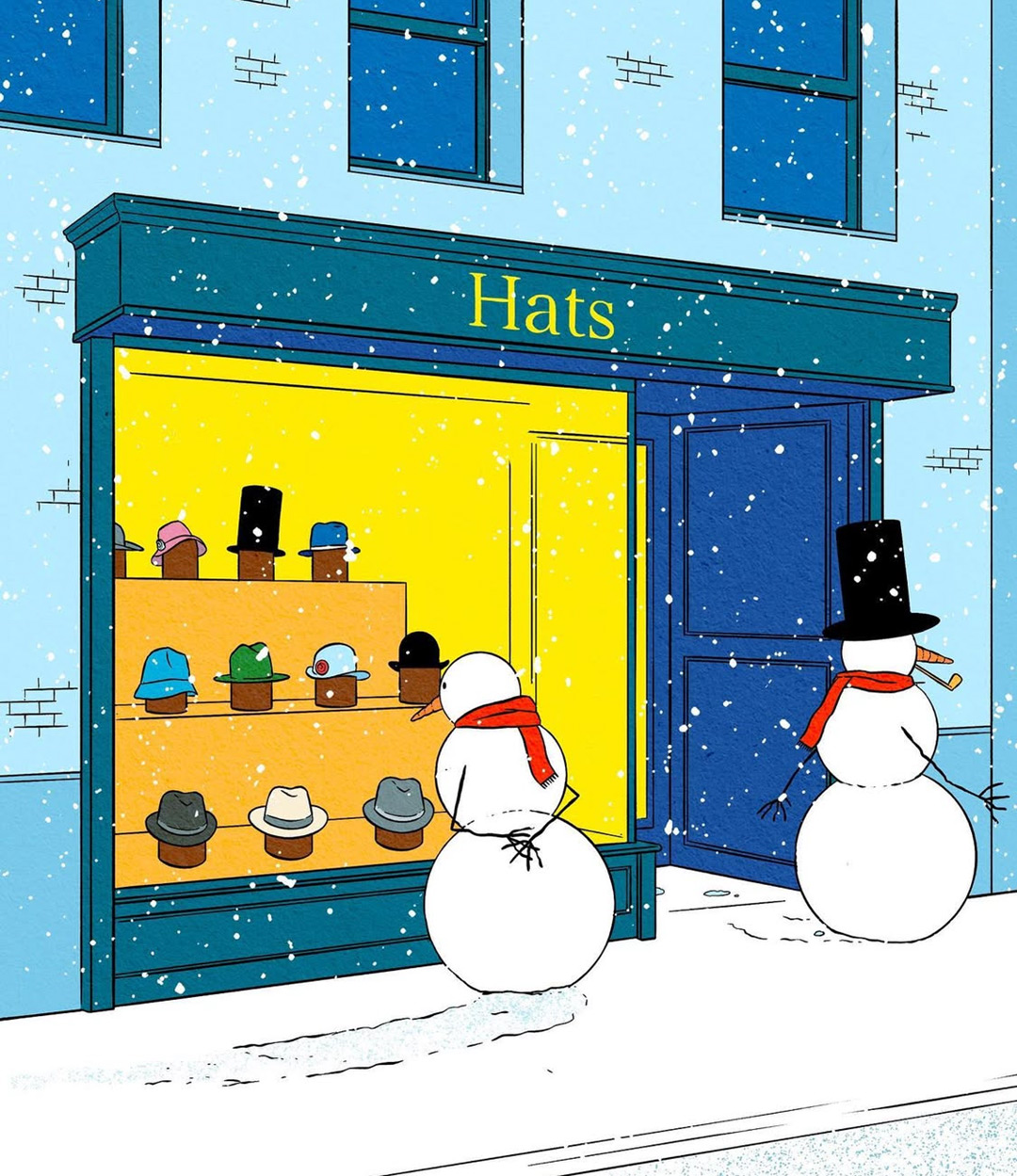A snowman is looking for a hat infront of a hat shop