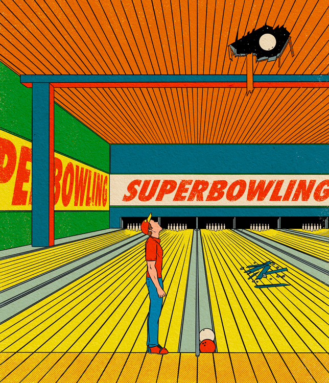 man on bowling alley looks up at ball that has broken through ceiling on its way to space 
