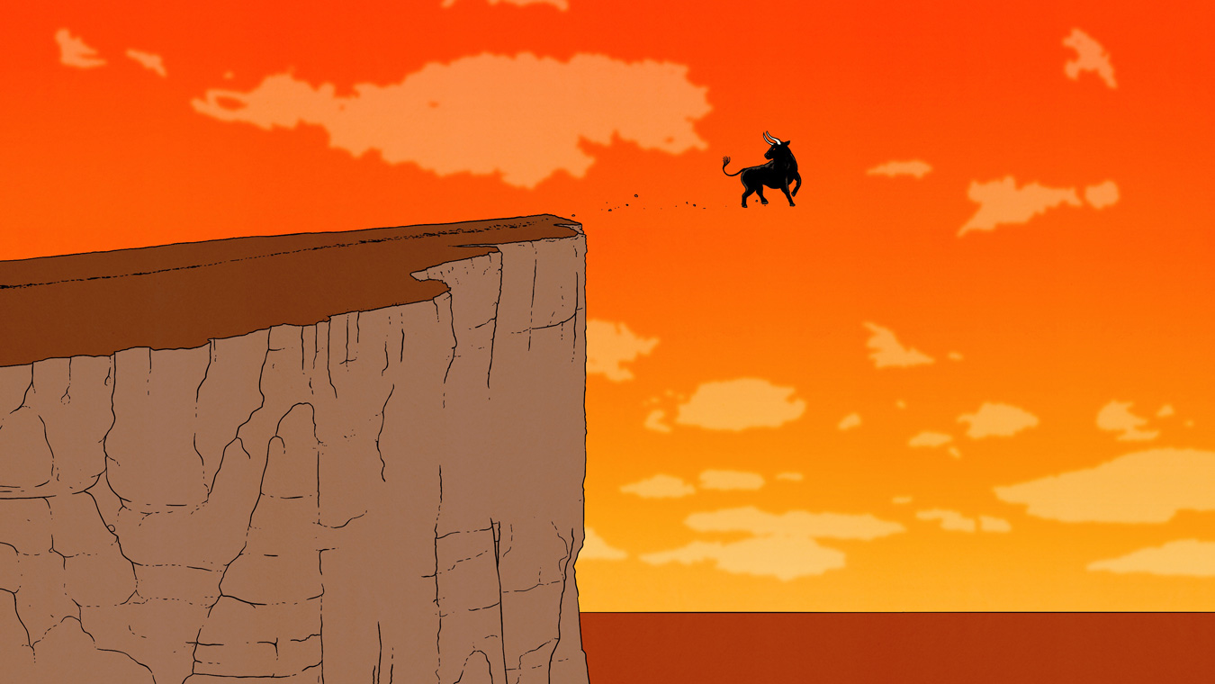 A bull running off a cliff into the sky