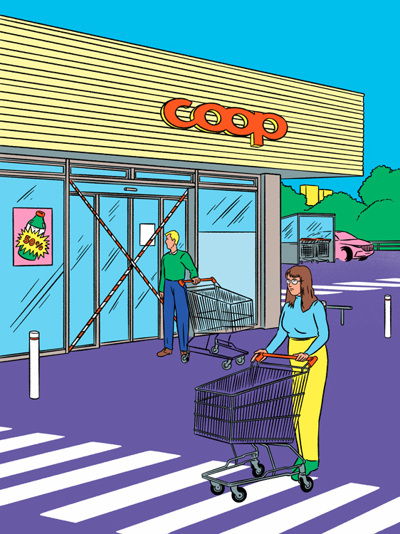 woman and man with shopping carts in front of a closed coop store