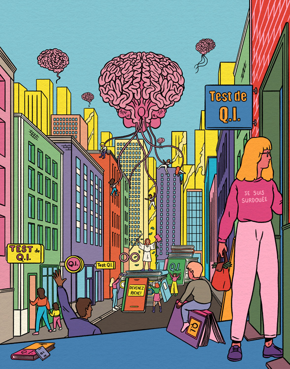 a giant brain in the air flying over a city street and catching children