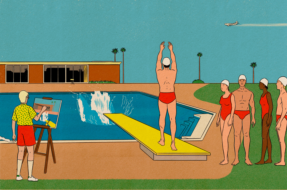 the famous picture by Hockney A Bigger Splash in the perspective of a visitor at the scene