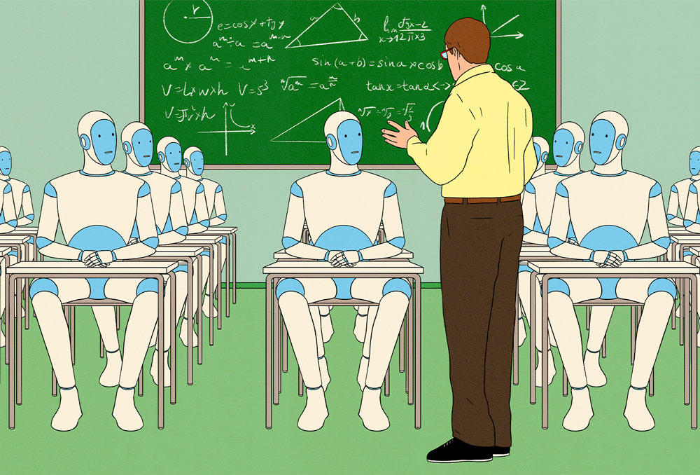 robots sitting in a classroom