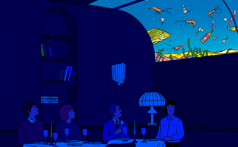 people in blue restaurant under the sea