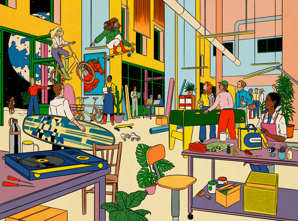 creative studio of fashion brand Hermès with girls flying into the studio on a bike and skateboard