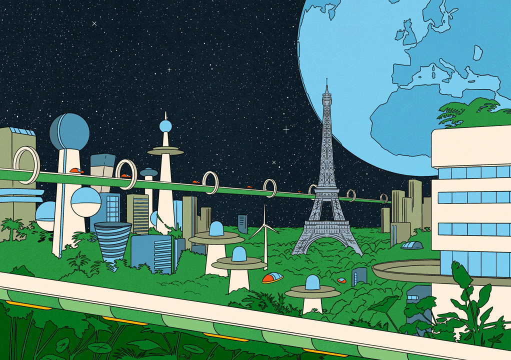 Eiffel tower in the future surrounded by flying cars