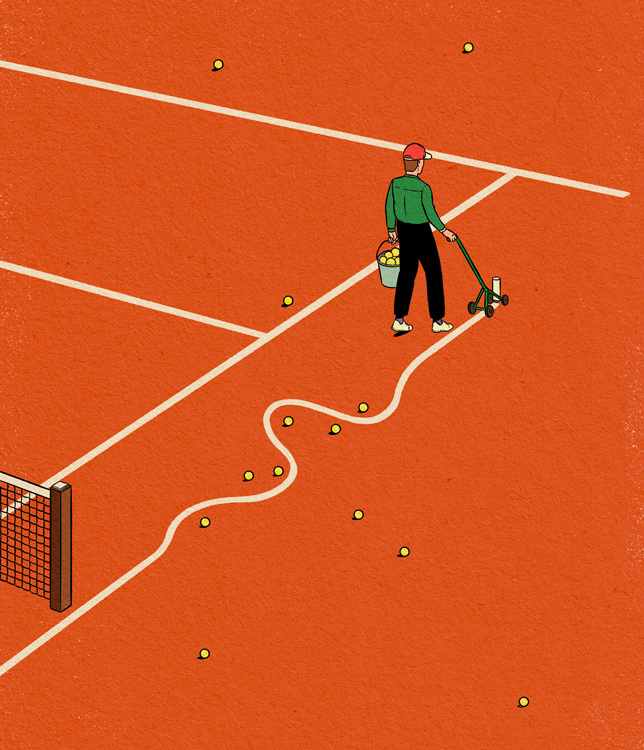 on the tennis court a man draws the white line around lying balls
