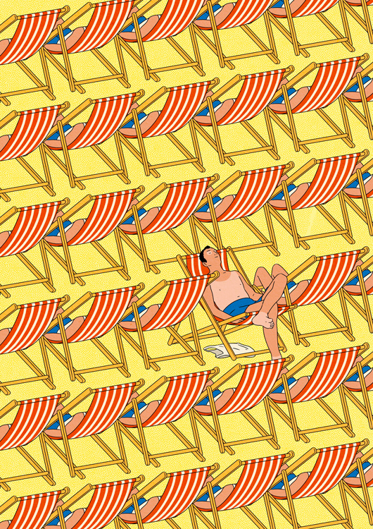 row of sun loungers with only one man is facing forward