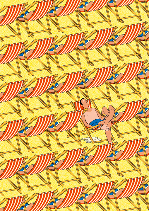 row of sun loungers with only one man is facing forward