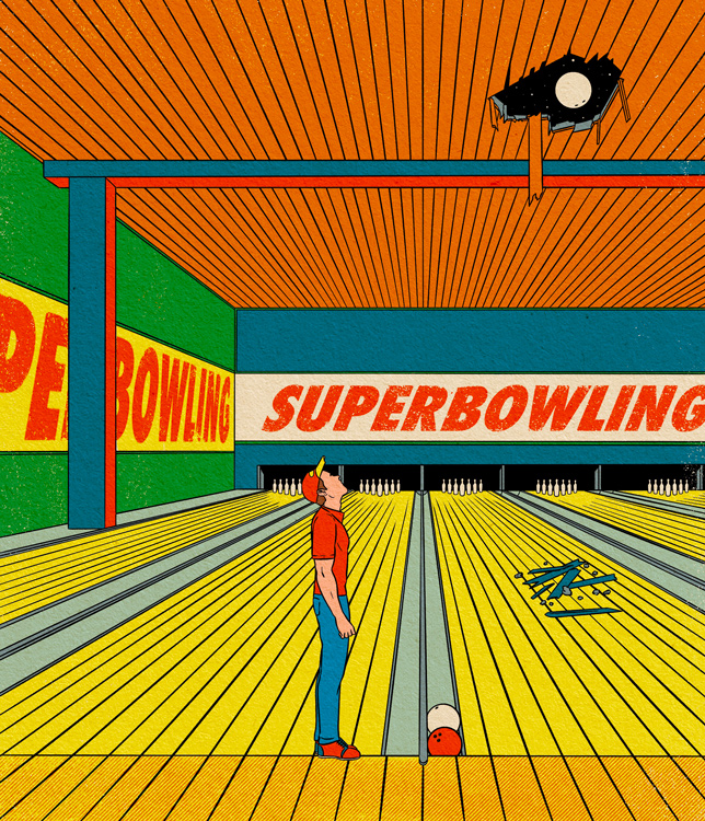 man on bowling alley looks up at ball that has broken through ceiling on its way to space