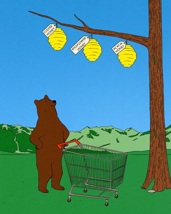 bear with shopping cart under tree with beehives