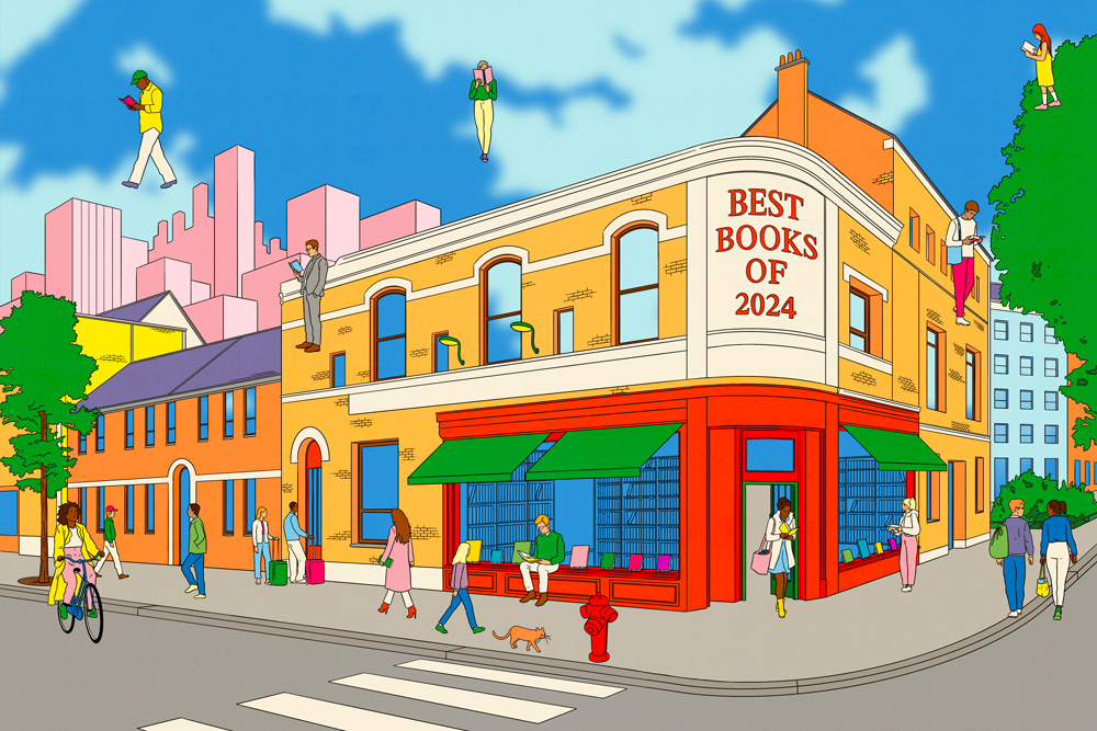 street corner with bookshop and people reading 