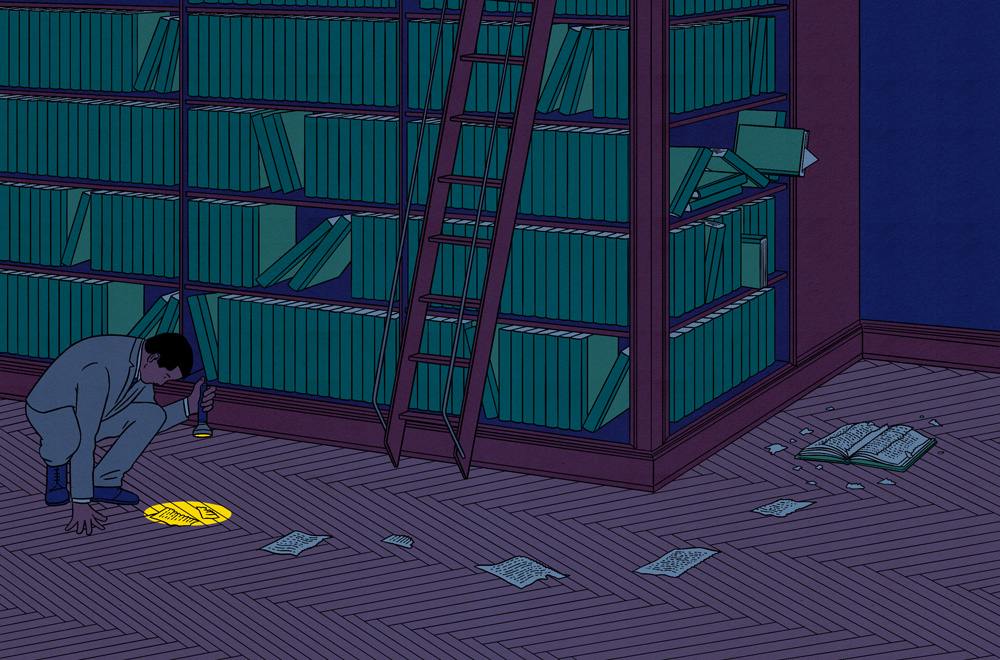 man with flashlight in dark room with bookshelf