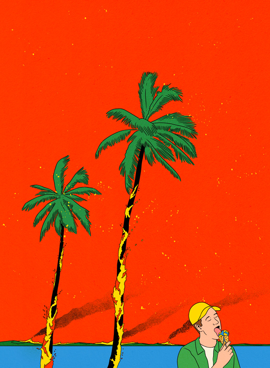 man eating ice cream that looks like the earth ball in front of burning palm trees