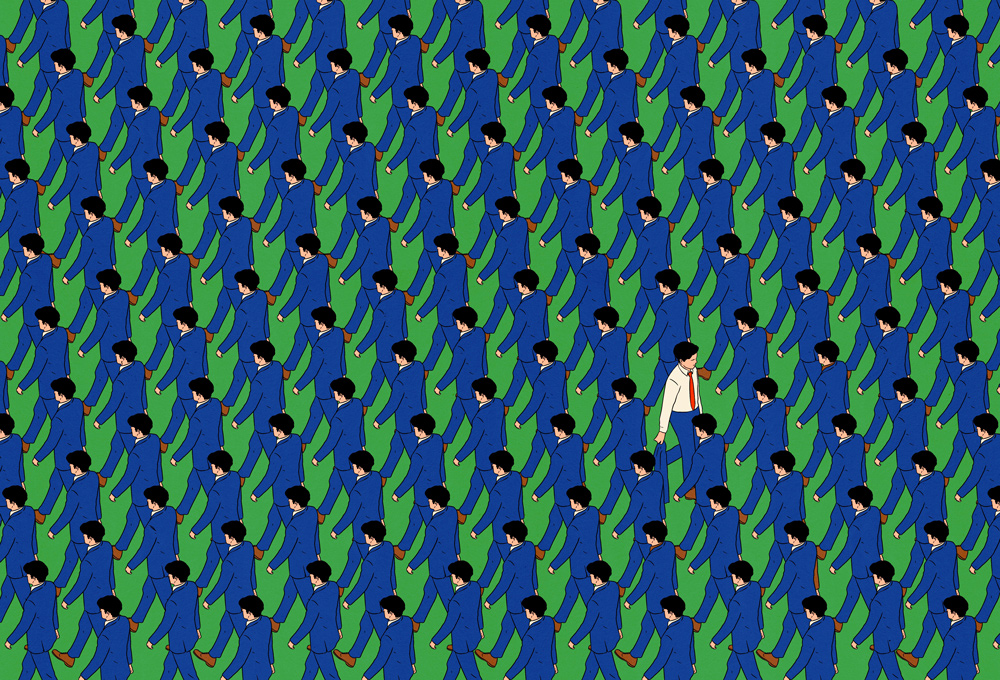 crowd of men in one direction with one man walking opposite diredtion