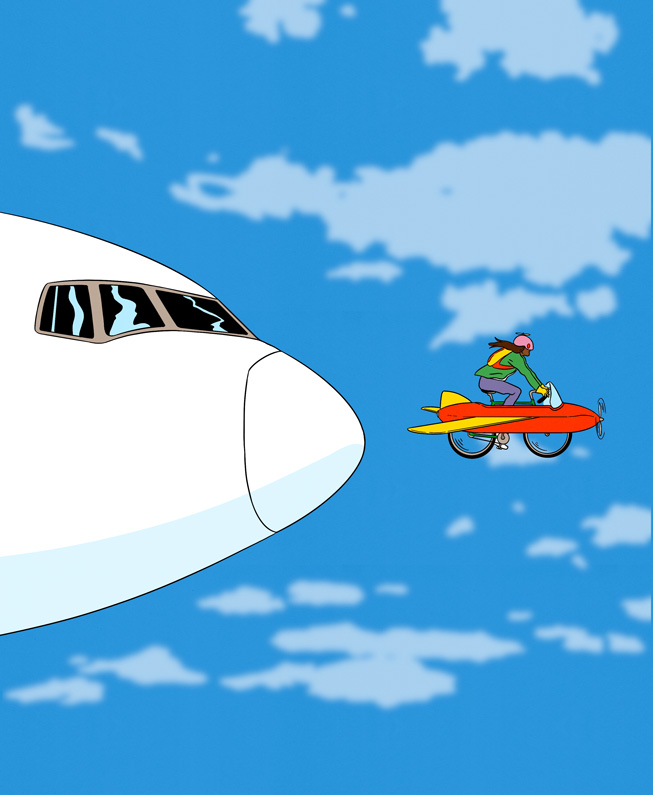 woman cycling in front of a flying plane 