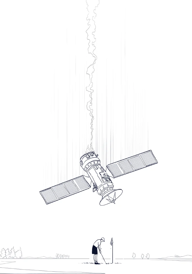 satelite falling on a man on bike