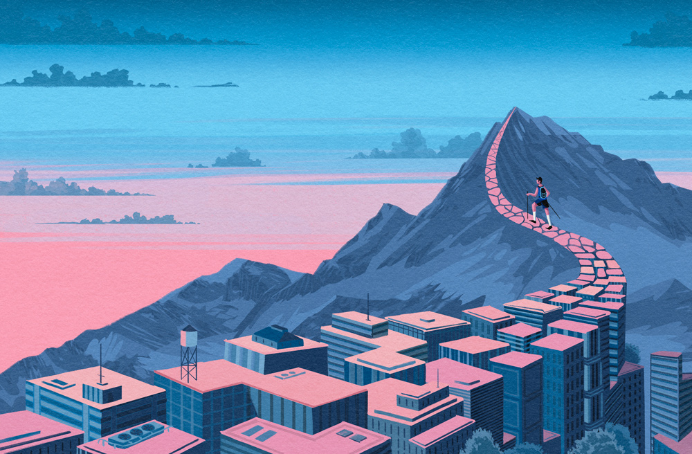 man running from city on a mountain and house roofs become his trail
