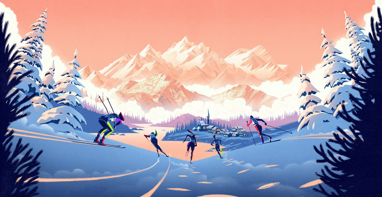 cross-country skiing, ice skating and ski slope in a snowy landscape 