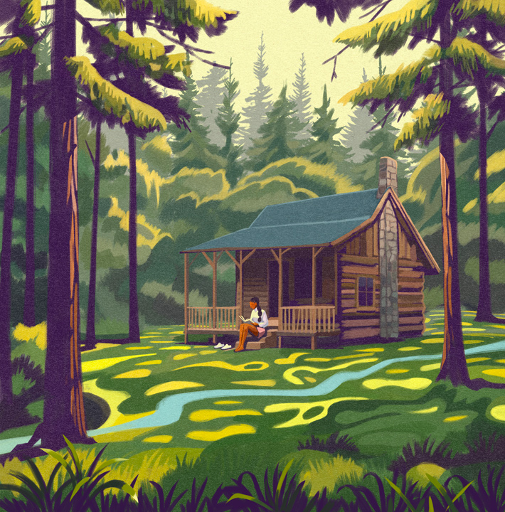 woman in front of a forest cabin is reading a book 