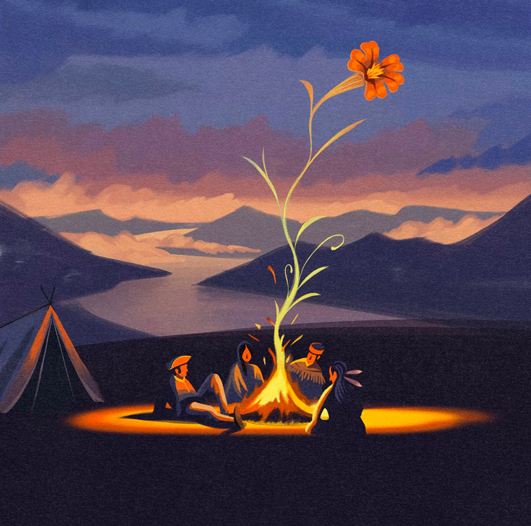 people around a campfire that turns into a flower
