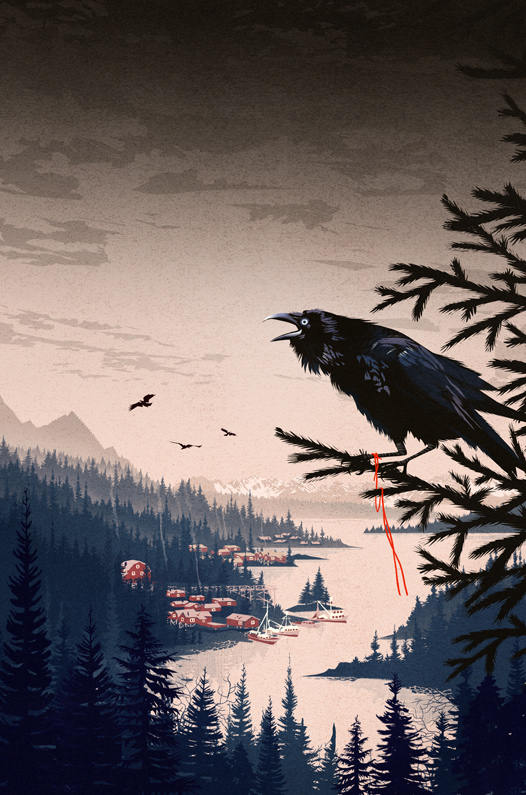 a raven in the tree at the river