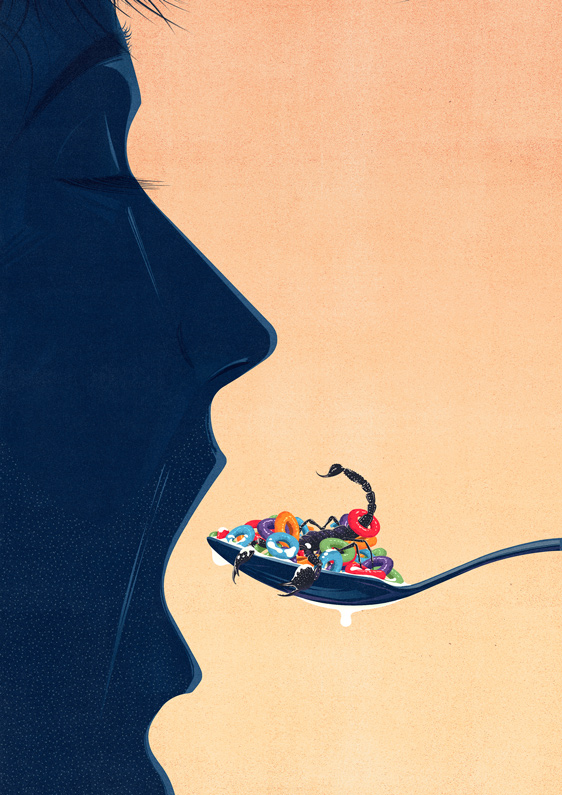 a man eats fruit loops with a scorpion