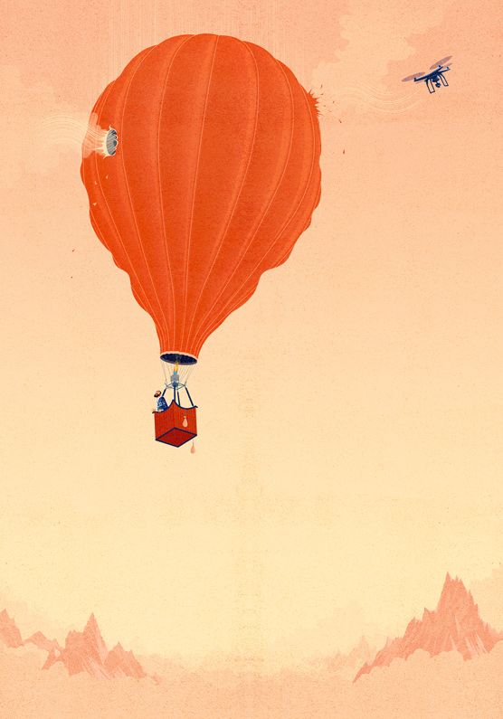 a drone perforates a hot air ballon