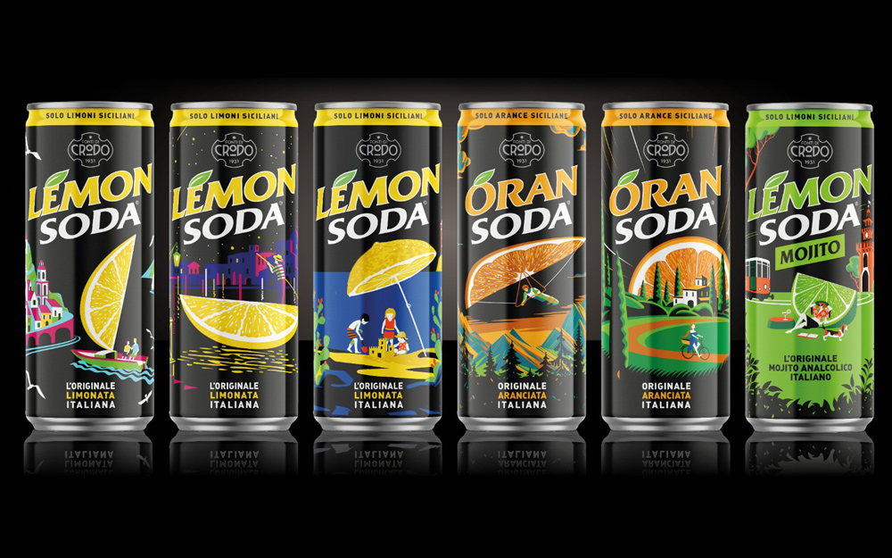 can of lemon soda with an Italian landscape