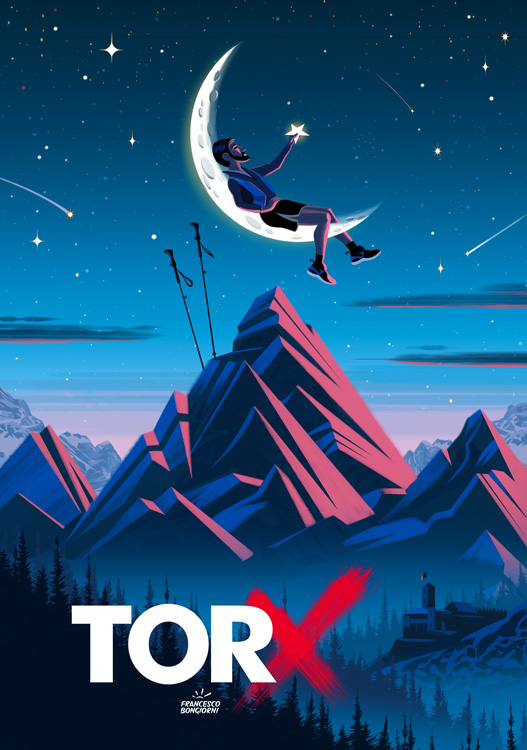 hiker lying on the moon catching a star over mountain landscape by night