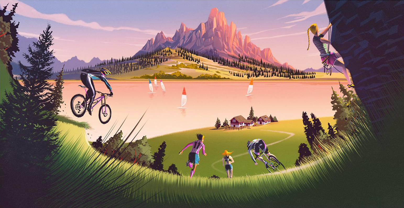 people cycling, climbing and running with a view on the lake and mountains