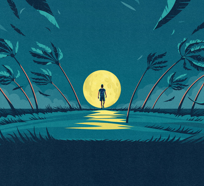 man walking in front of huge moon 