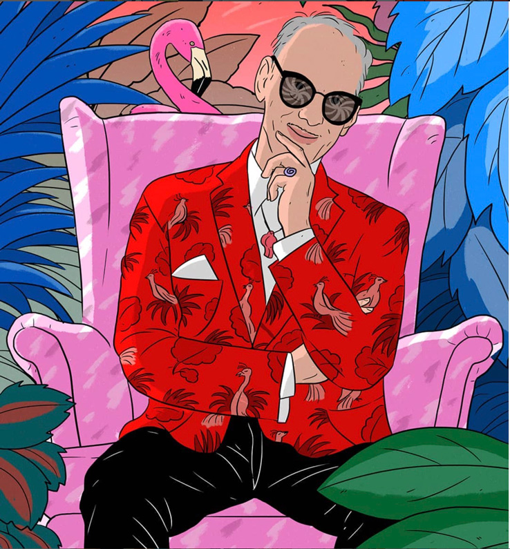 portrait of jon waters sitting in front of a pink flamingo