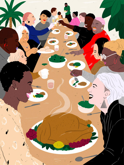 Laura Breiling / diverse people sitting at table turkey on it 