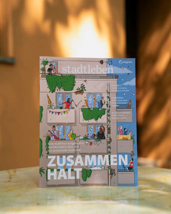magazine cover showing people on balconies 