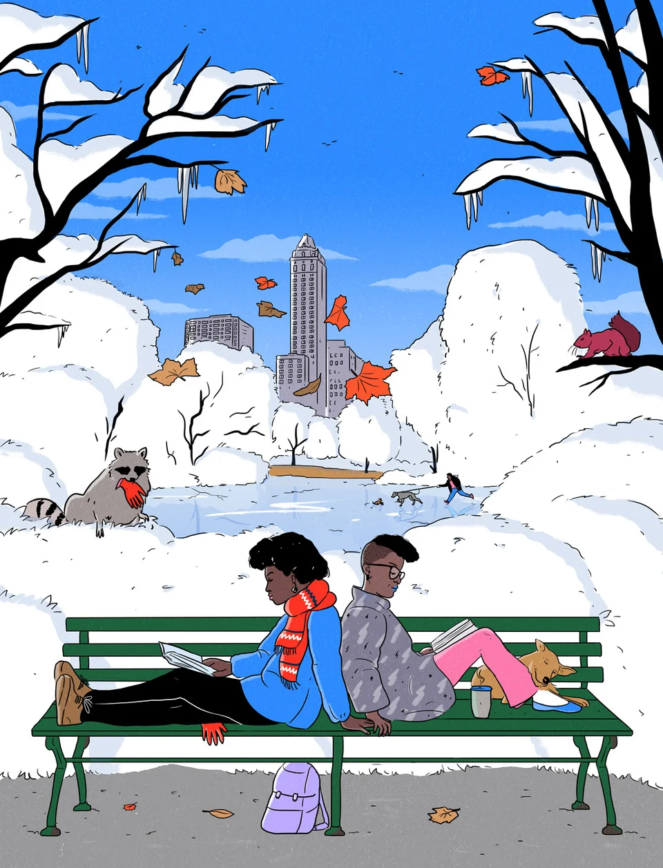 young female couple on bench reading books in a park